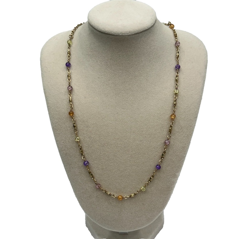 LR‎ Gold Tone Multi Gemstone Artisan Hand Wrapped Beaded Station Necklace 18"
